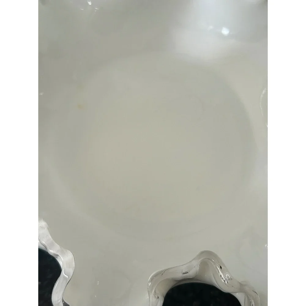 Vintage White Milk Glass Basket Clear Ruffled Edge Twisted Handle Candy Dish